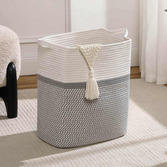 Tall Laundry Basket With Handles,Woven Cotton Rope Big Laundry Hamper Sorters,Versatile Storage for Dirty Clothes,Baby Toys,and Blankets in Bathroom, Nursery,and Living Room (White/Gray, 80L)