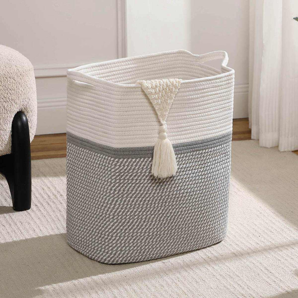 Tall Laundry Basket With Handles,Woven Cotton Rope Big Laundry Hamper Sorters,Versatile Storage for Dirty Clothes,Baby Toys,and Blankets in Bathroom, Nursery,and Living Room (White/Gray, 68L)