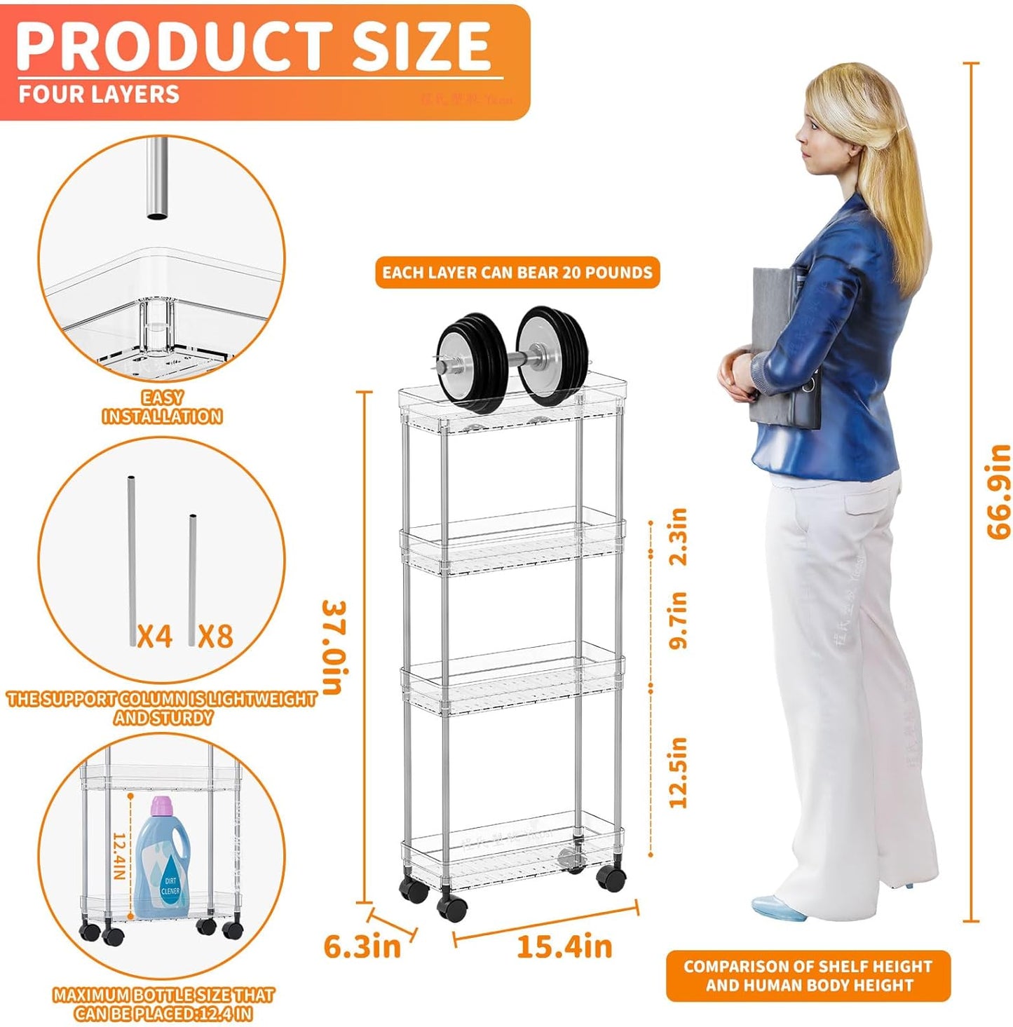 Yieach Clear 4 Tier Slim Rolling Storage Cart with Wheels,6.3″W Thin Shelf,Bathroom Storage Cabinet,Skinny Laundry Cart,Narrow Laundry Room Cart Between Washer and Dryer,Skinny Shelves for Small Space