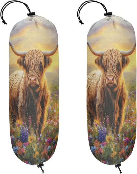 Farmhouse Highland Cow Plastic Bag Holder 2 Pcs Grocery Bag Organizer Reusable Trash Bags Organizer Wall Mount Washable Kitchen Dispenser Holders with Drawstring Closure