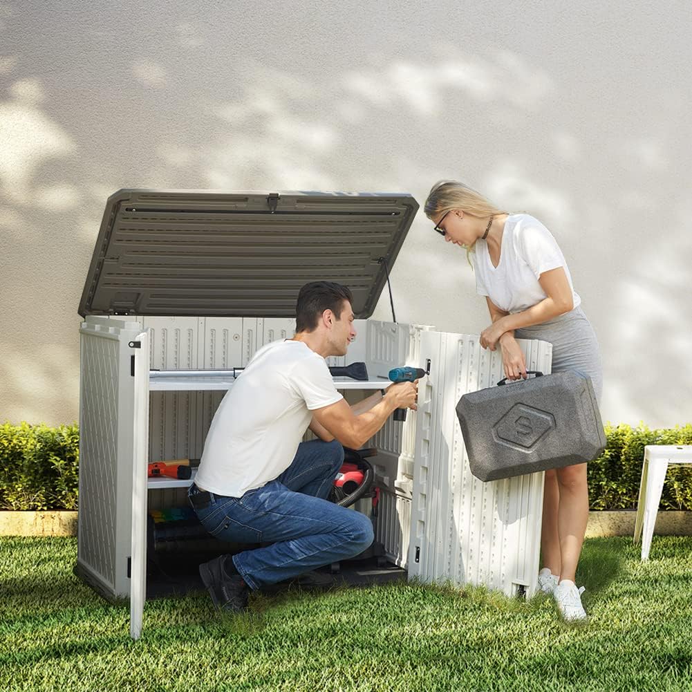 Horizontal Outdoor Garden Storage Shed for Backyards and Patios, Plastic Storage Box Waterproof, Small Shed 26 Cubic Feet Capacity for Bike, Garbage Cans, Lawn Mower, Tools and Garden Accessories