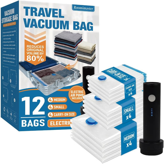 12 Pack Travel Vacuum Storage Bags with Rechargeable Wireless Electric Pump, Travel Packing Bags for Luggage and Suitcase, Carry-on Size Compression Space Saver for Clothes and Clothing