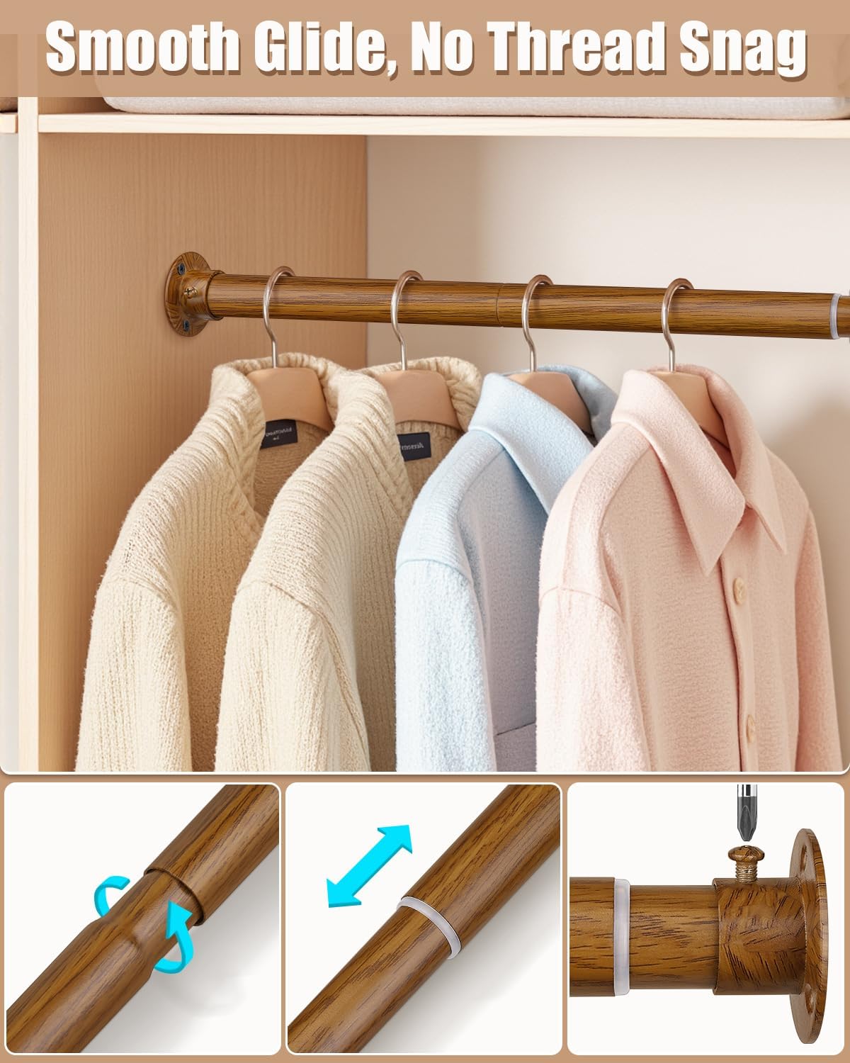 Closet Rods for Hanging Clothes, 17-64 Inch Heavy Duty and Stepless Adjustable Closet Poles, Stainless Steel Closet Hanging Rod for Wardrobes, Laundry Room, Bathroom, RV (Wood-Grain Finish)