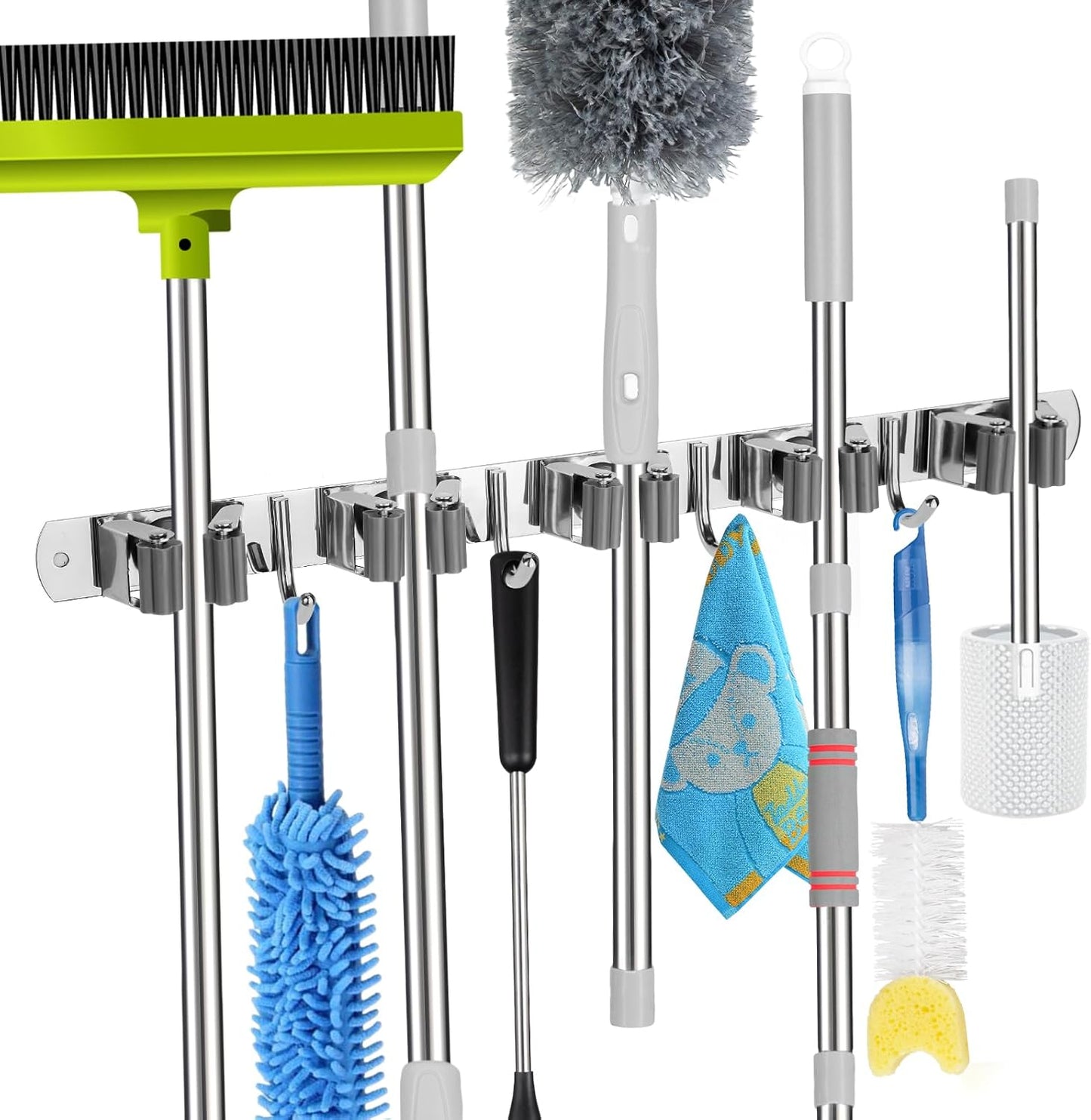 voze [2 Pack] 5 Racks and 4 Hooks Mop and Broom Holder Wall Mount, Self Adhesive Heavy Duty Broom Organizer Storage Tool Racks for Kitchen Garden Laundry Garage, Silver