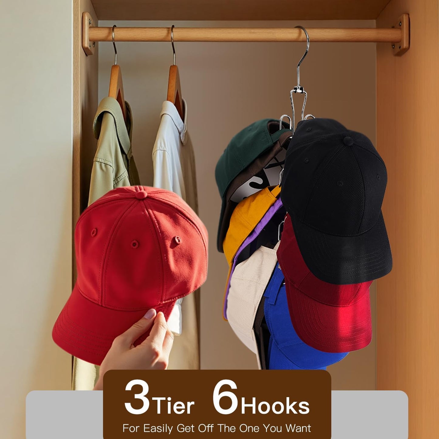 Hat Hanger 2pcs Metal Hat Storage For Baseball Caps,Rotatable Hat Organizer For Closet,Hat Rack With 6 Hooks Up to 30 Caps Hold,Silvery