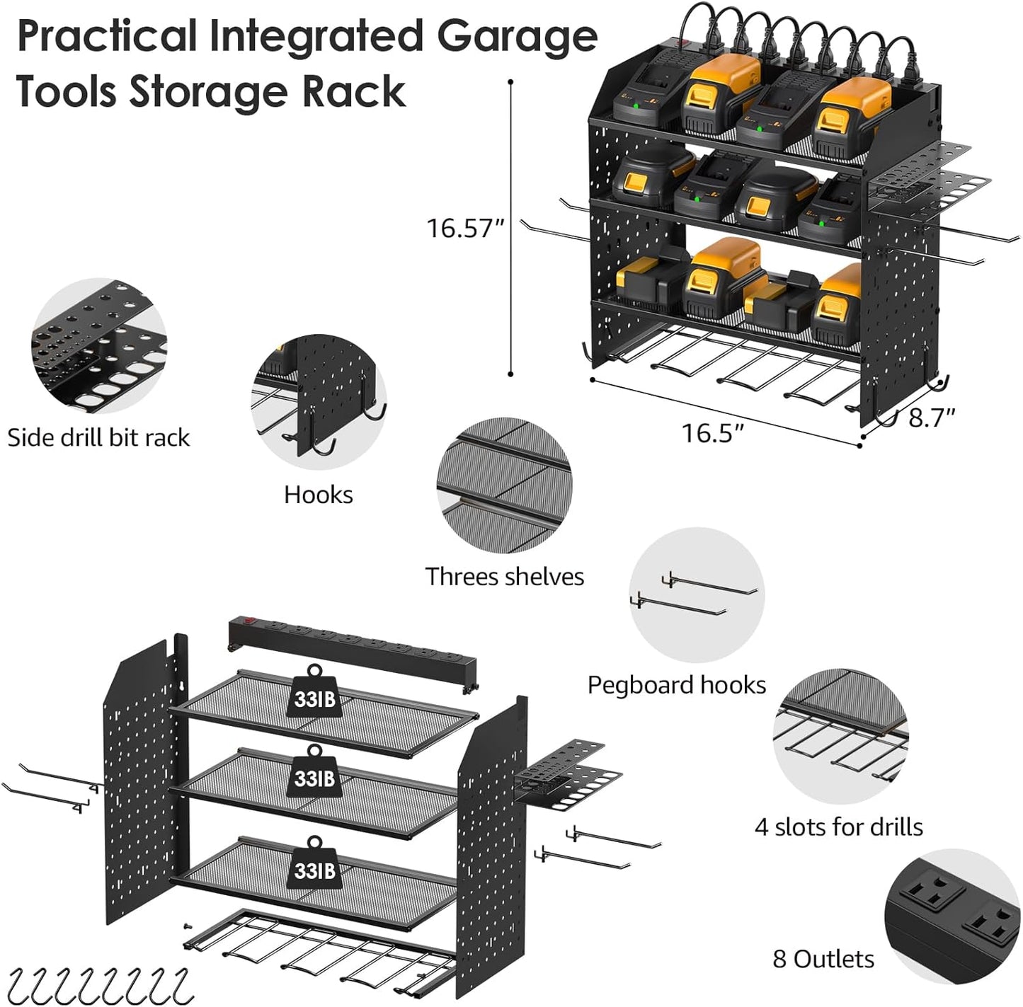 CCCEI Modular Pegboard Rack Power Tool Organizer with Charging Station. 4 Layer Wall Mount Drill Holder, Tools Battery Charger Organizer. Garage Shop Storage Utility Shelf with 6FT Power Strip. Black