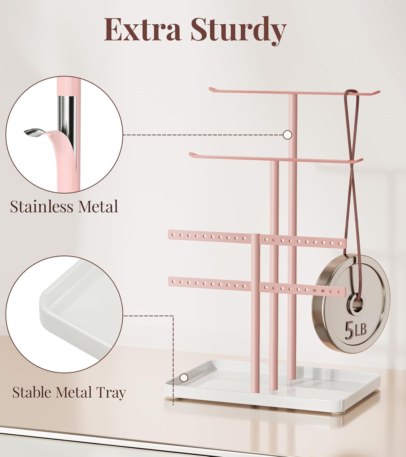 pickpiff Jewelry Holder Organizer, 12.5'' Tall Sturdy Metal Stand, 3-Tier Jewelry Hanger for Necklace, Earring, Bracelet, Ring, for Display and Storage, Aesthetic Room Decor, Pink
