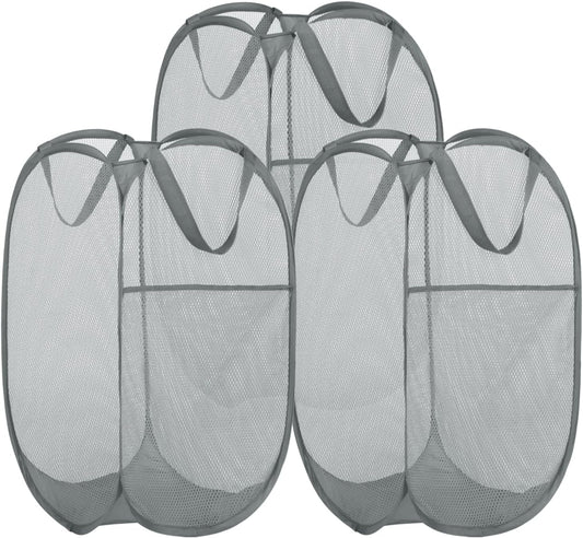 BATTOO 3 Pack Collapsible Laundry Basket Strong Mesh Pop Up Laundry Hamper for Laundry Foldable Hampers with Side Pocket Reinforced Handles for Bathroom, Kids Room, College Dorm or Travel Grey