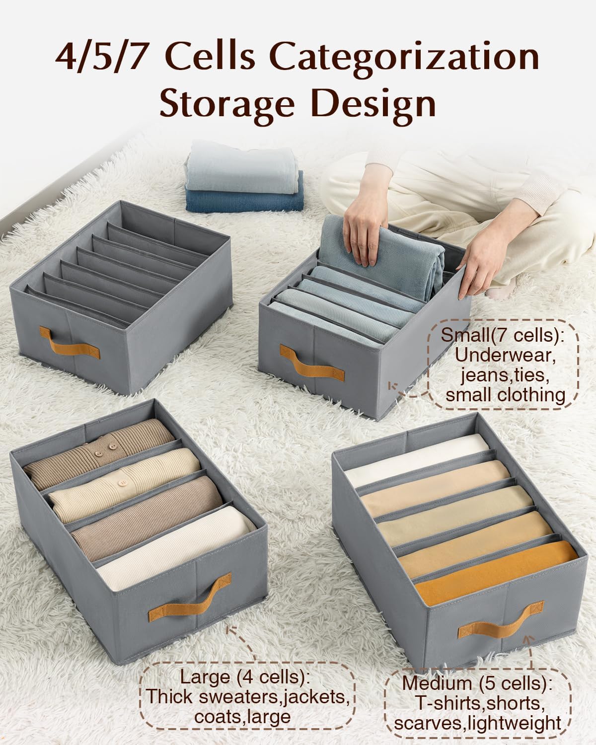 Clothes Organizers and Storage - 4/5/7 Grids Fabric Jeans Organizer with Handles, Foldable Closet Organizers Dividers, Wardrobe organizer for Pant, Sweater, T-shirt, Scarf, 6 Pack, Pale Grey