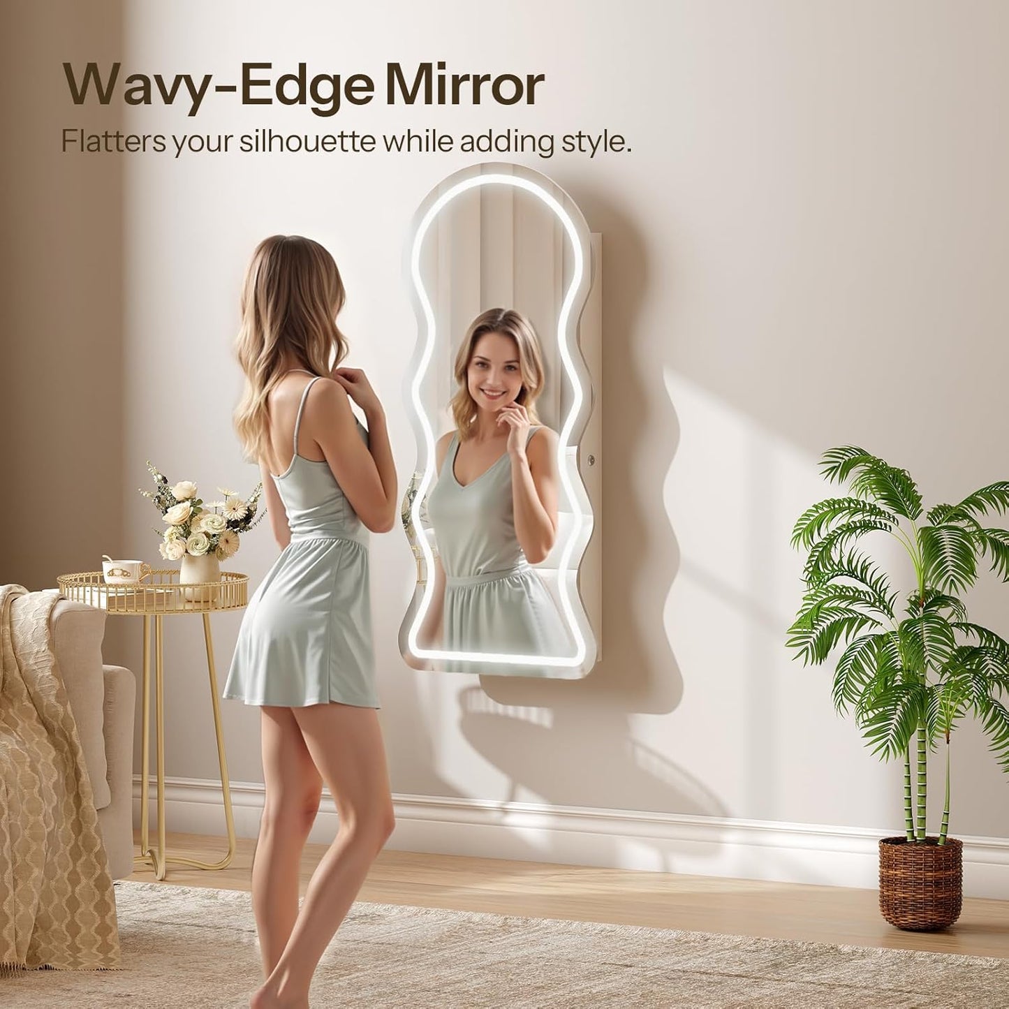 HOOBRO LED Mirror Jewelry Cabinet, Wall/Door Mounted Jewelry Organizer, Jewelry Aromire with Wavy Mirror Full Length, Lockable Cosmetics Storage Cabinet, Interior Mirror, 16.5" x 4.1" x 43.3", White