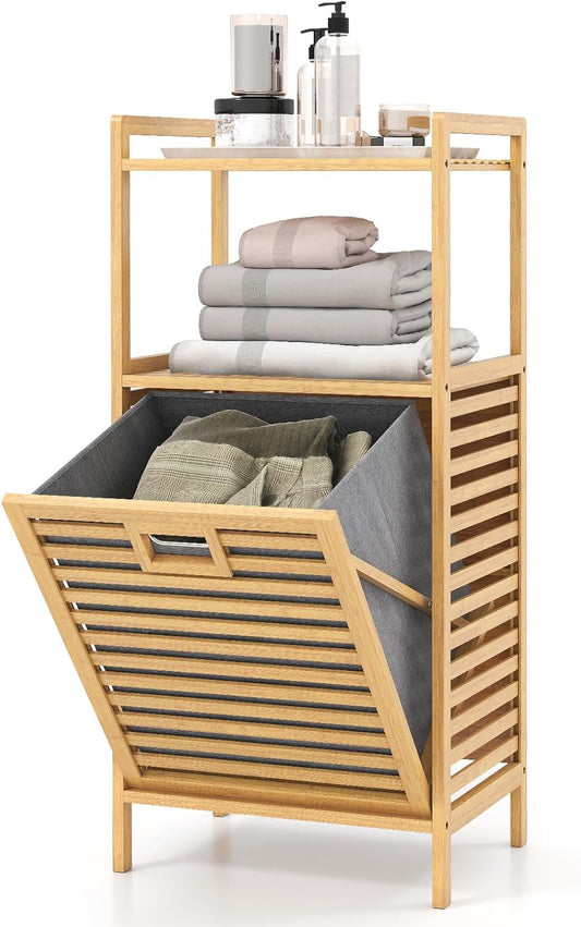 GOFLAME Tilt-out Laundry Hamper with 2-Tier Shelves, Bamboo Laundry Baskets Organizer with Removable & Foldable Fabric Liner, Bathroom Storage Shelf Cabinet for Laundry Room, Bedroom