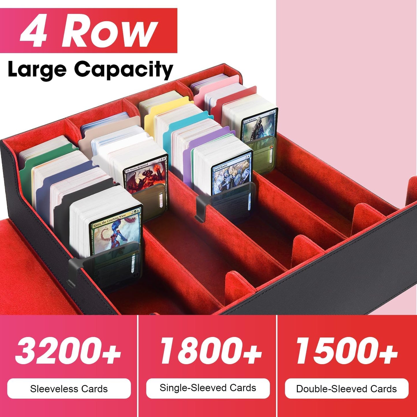 Red Card Organizer Box, 3000+ Trading Card Storage Box, PU Leather, 24 Dividers, Magnetic Closure, 4 Supporters, Card Holder Box For Game Sports Card