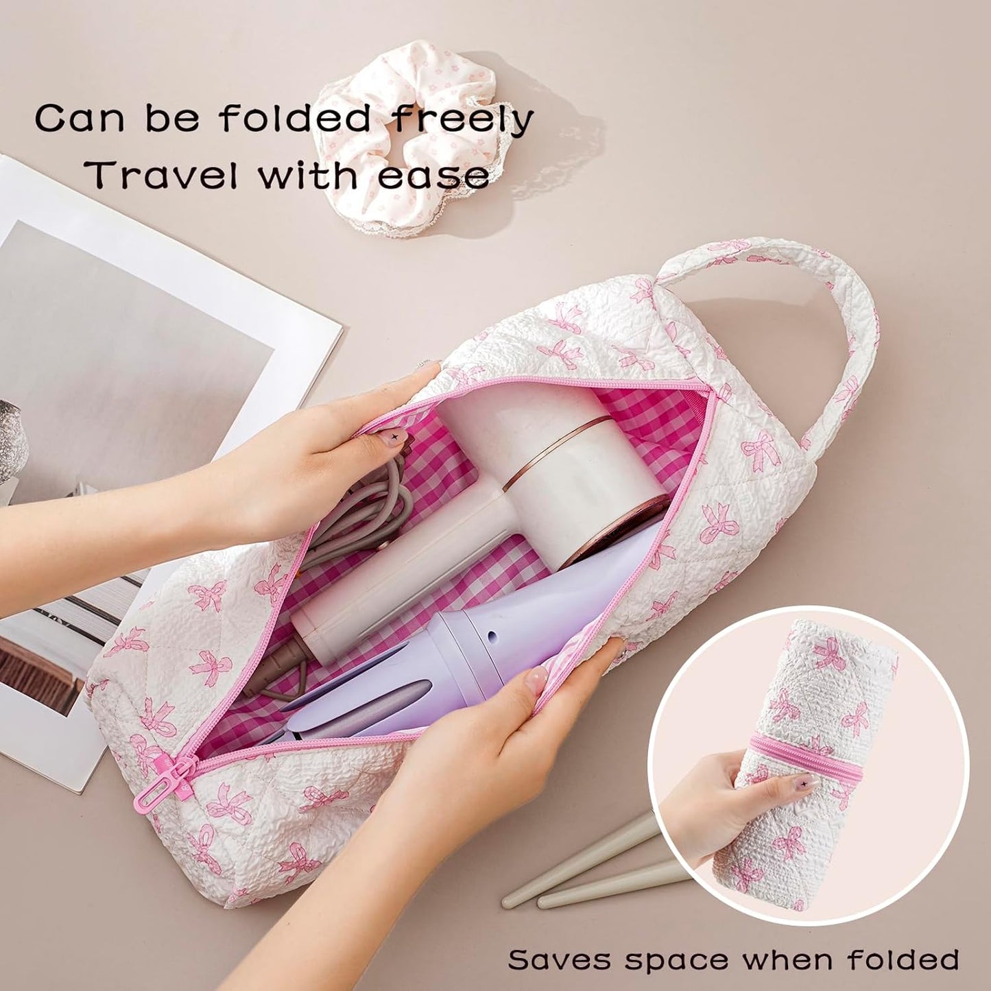 Quilted Hair Tools Travel Bag，Hair Styling Accessories Storage Case for Shark FlexStyle, Dyson Airwrap Hair Dryer, Curling Iron, Revlon Hair Tools，Portable and foldable(01Pink Bow)