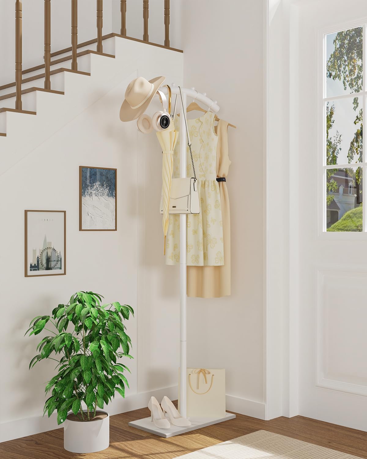 Arcuate Garment Rack, T-shaped Coat Tree Freestanding, Metal Coat Racks, Natural Stable Rock Base, Suitable For Entrances, Corridors, Halls, 68.9in, White