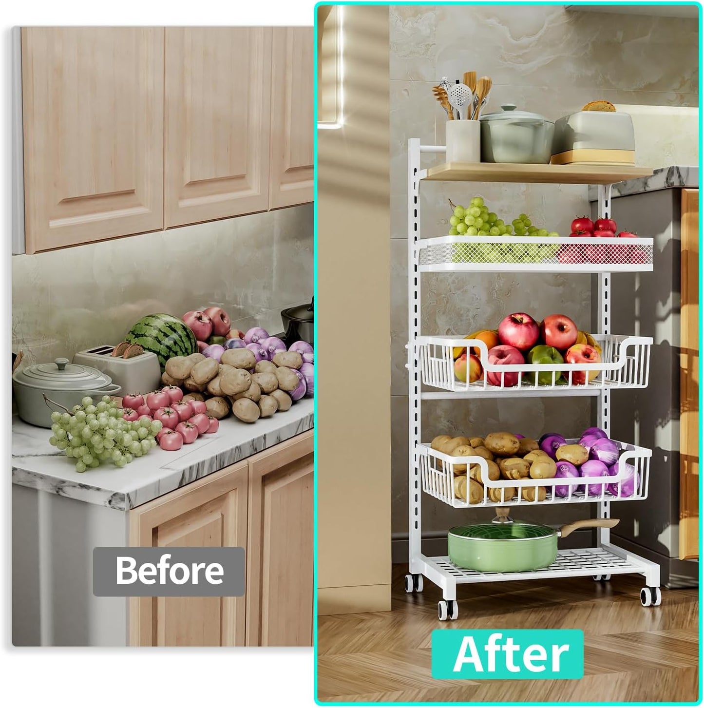 HapiRm Fruit Basket Kitchen Cart - 5 Tier Adjustable Vegetable Storage Rack, Large Capacity Rolling Kitchen Carts on Wheels for Snack Onion and Potato Storage