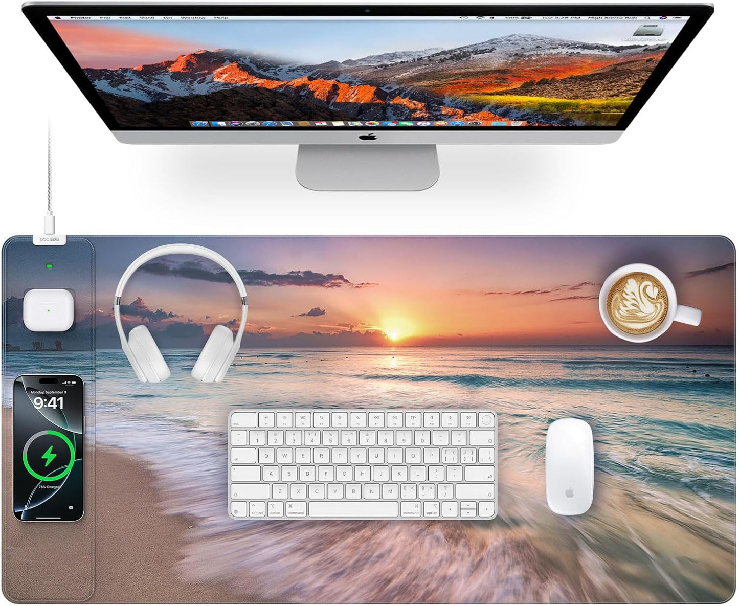 Wireless Charging Mouse Pad, 31.5"x15.8" Large Gaming Desk Mat for Keyboard/Laptop, Waterproof Ultra-Smooth Surface, Non-Slip Base, Beach Sunset
