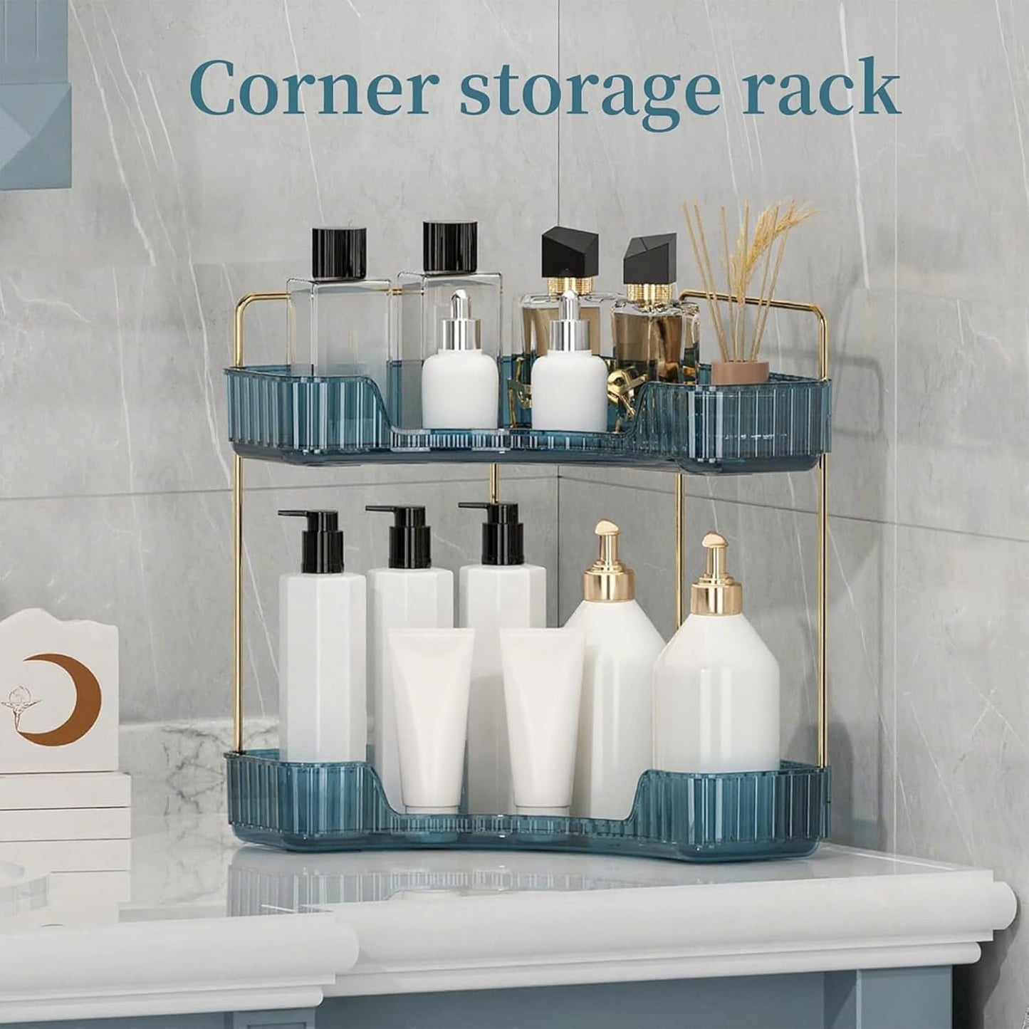Corner Bathroom Countertop Organizer, Vanity Organizer Trays for Counter, Makeup Organizers, Perfume Tray, Skincare Shelf Storage Gifts for Women Girl Student (Blue, 2 Tiers)