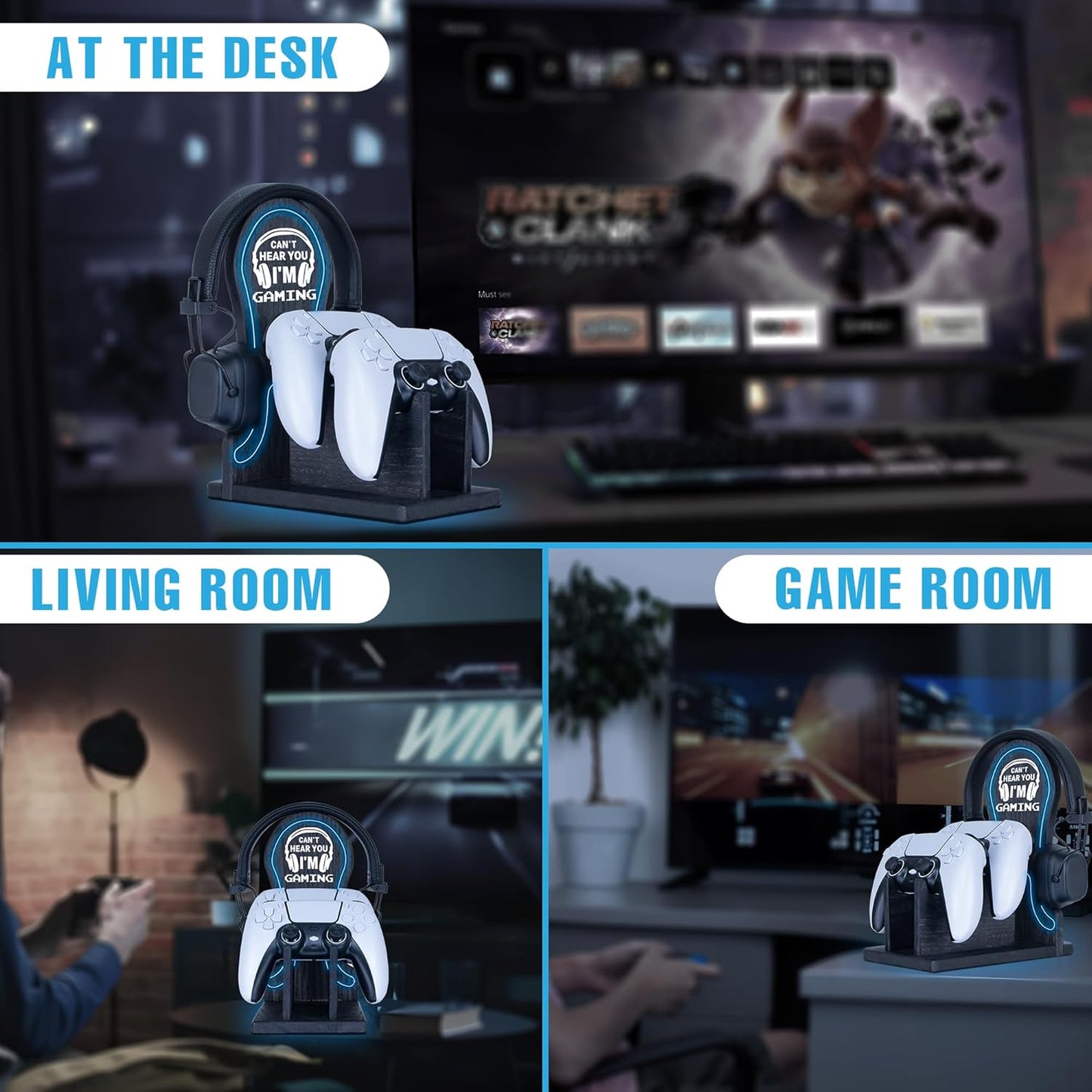 Gamer Gifts Light Up Controller Holder & Headphone Stand with Neon Light, Stylish Gaming Accessories Setup Controller Stand Headset Stands, Unique Gifts for Gamers to Organize Gaming Equipment