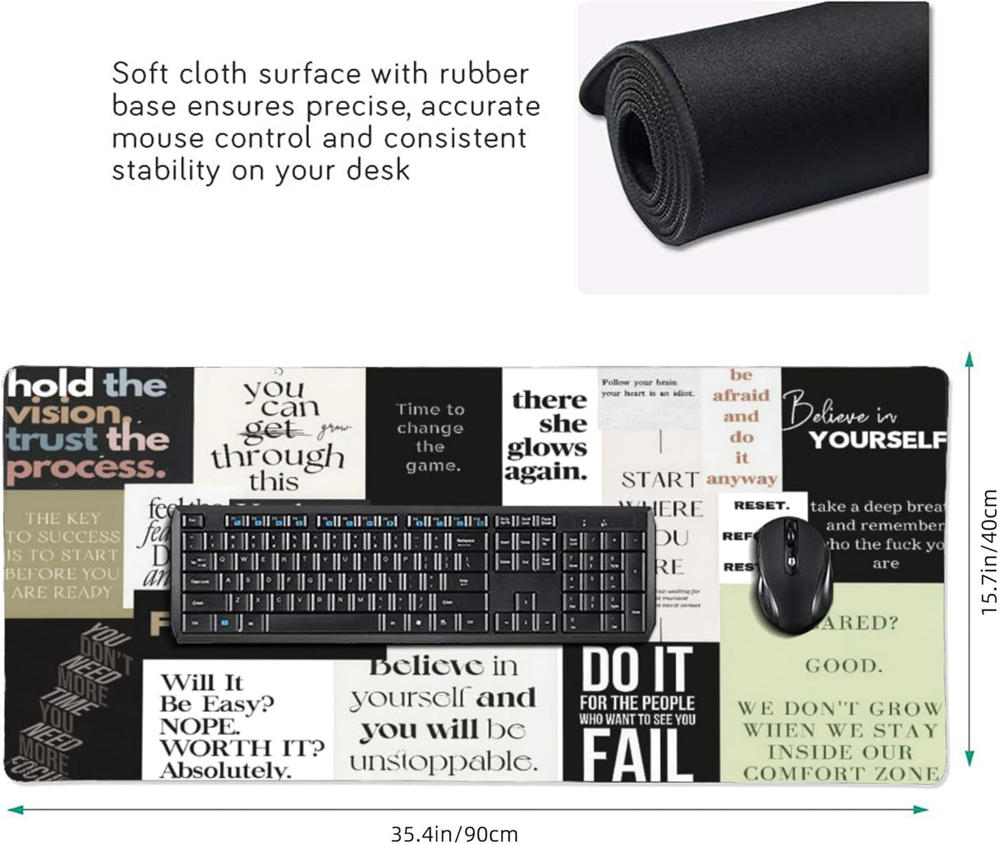 Inspirational Quotes Large Mouse Pad, Cool Gaming Desk Mat, XXL Keyboard Desk Pad Mat for Desktop, 35.4"x15.7" Non-Slip Base Big Mousepad with Stitched Edges