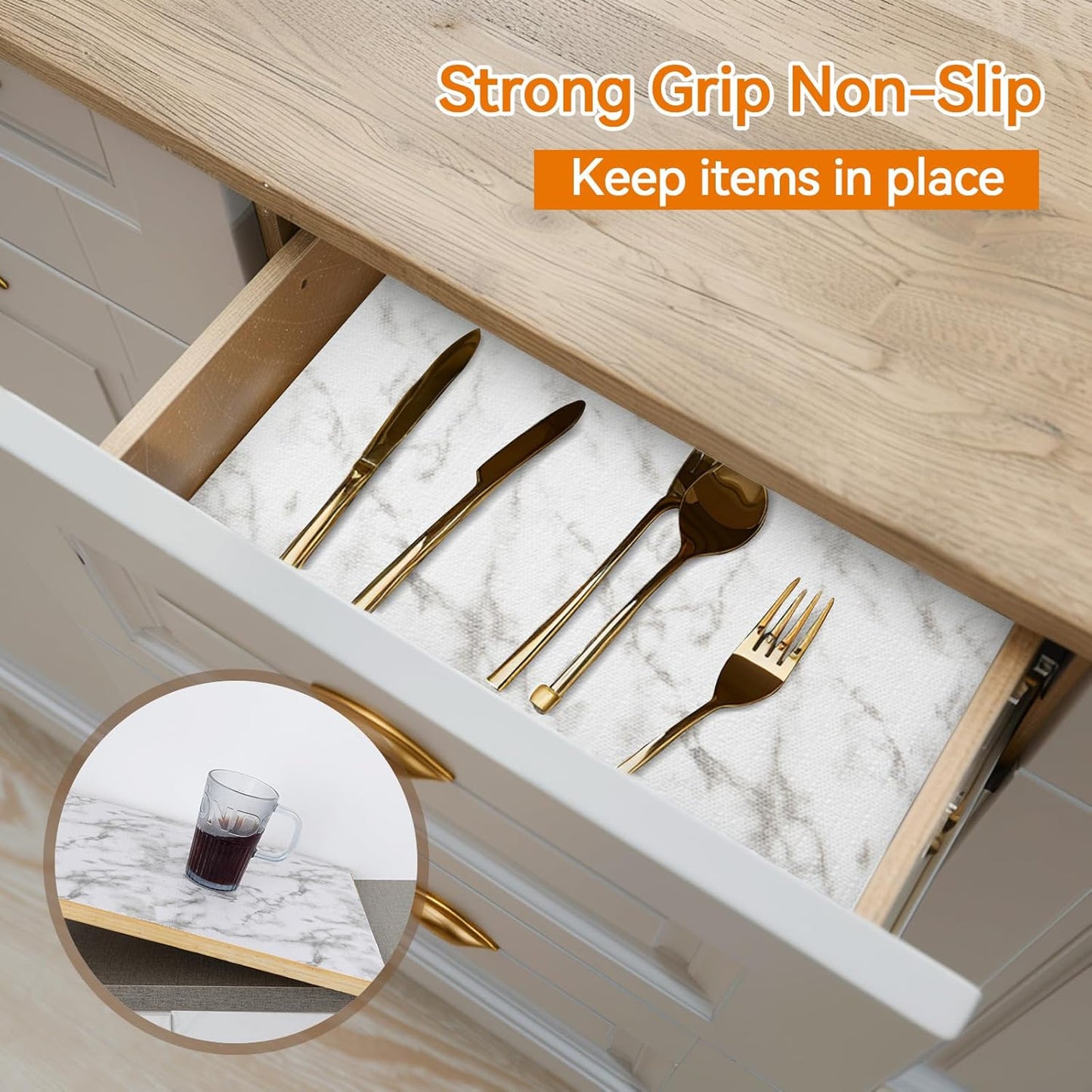 Shelf and Drawer Liner for Kitchen Cabinets Non-Adhesive, Strong Grip Non-Slip Thickened Cabinet Liners for Shelves, Waterproof Mats for Dresser Cupboard, Marble, 17 in x 30 Feet