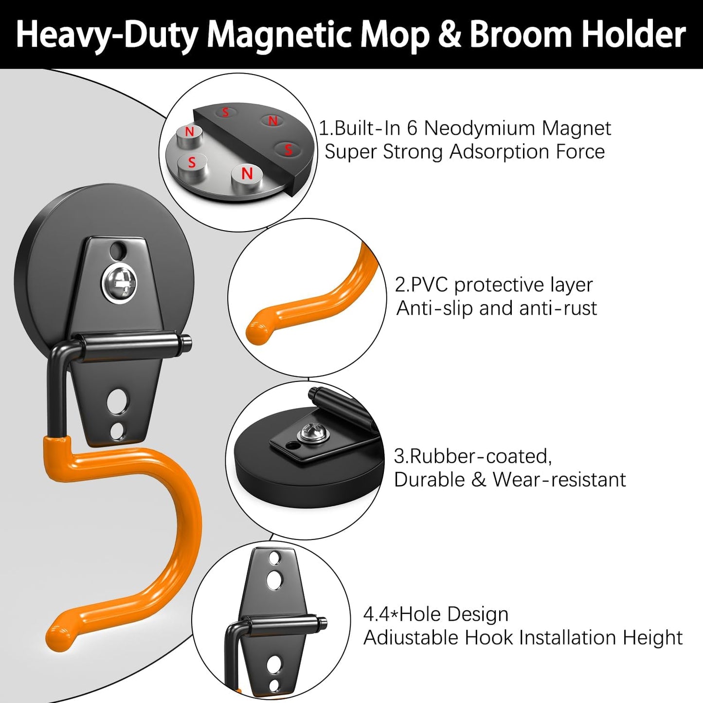3-H Magnetic Mop Broom Holder and Mop Organizer 4 Pack, Heavy Duty Strong Utility Magnetic Tools Holde, Anti-Slip Strong Metal Garden Tool Rack for Garage, Laundry, Garden (Orange)