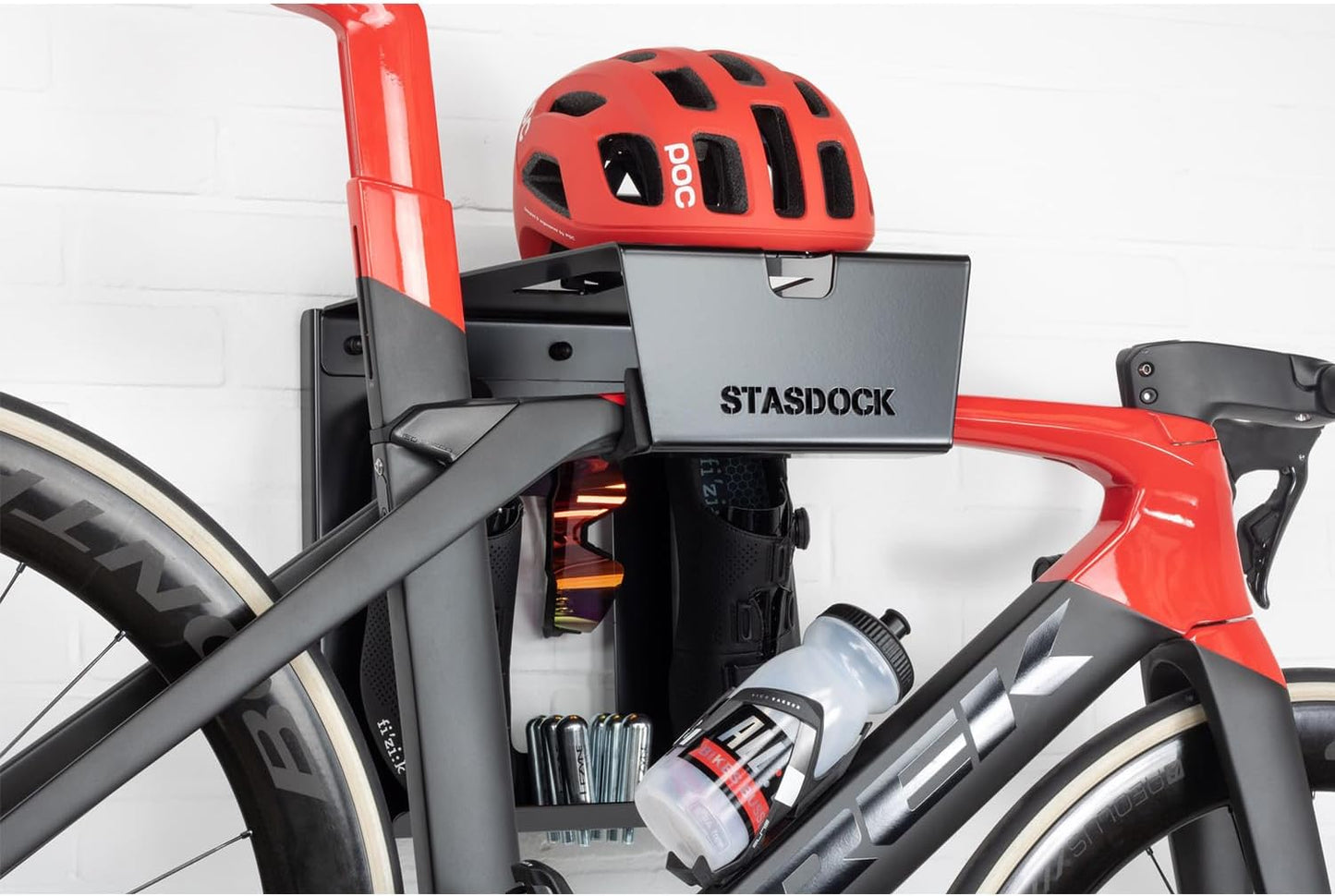 Stasdock Wall Bike Rack | Bike Storage Wall Mount System | For Race Bicycles (Happy Black) and Mountain Bikes | Bike Shelf | Indoor bike wall bracket | Store your helmet and shoes | Home and Garage