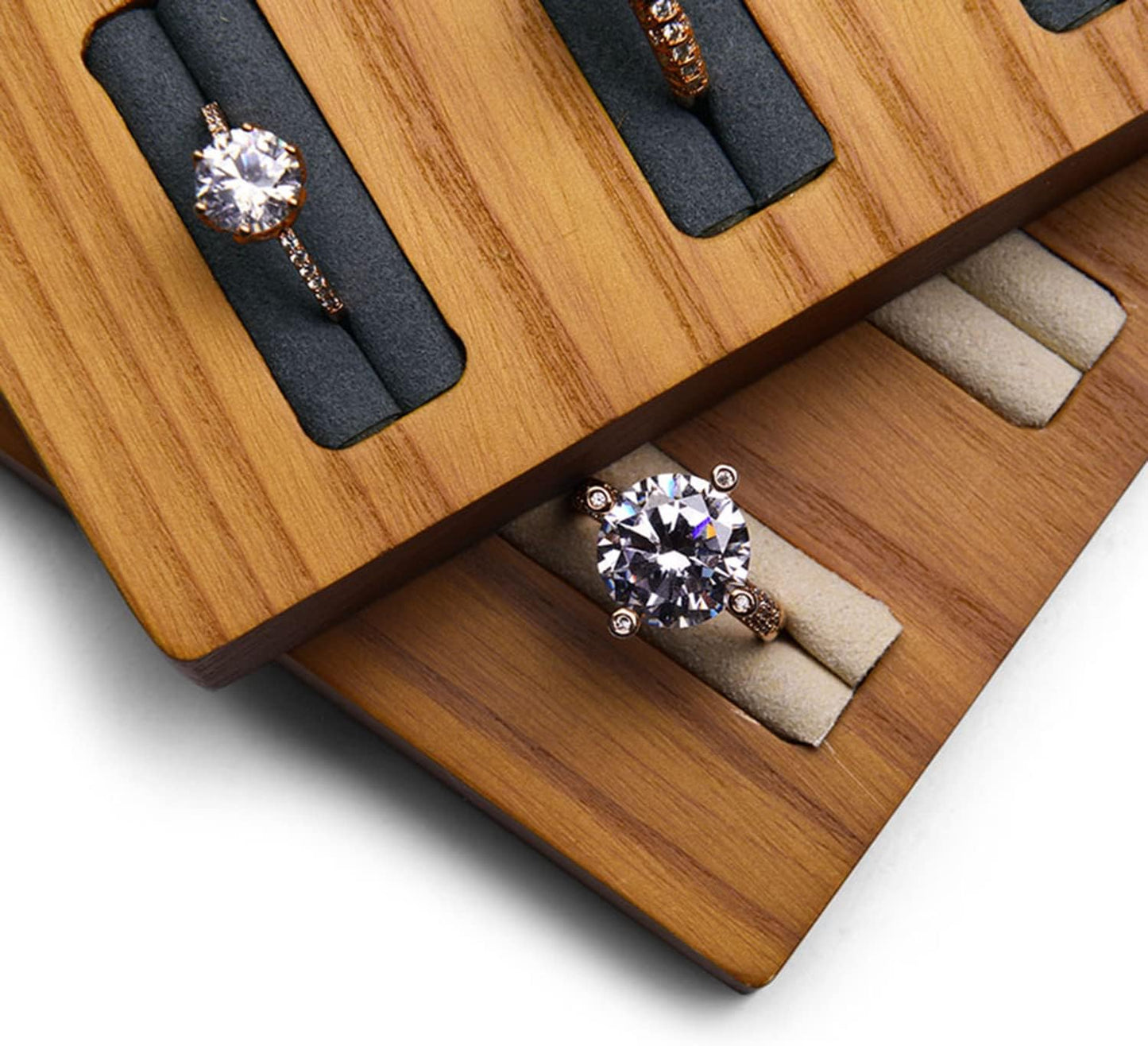 12 Grids Solid Wood Jewelry Organizer Rings Tray Jewelry Rings Showcase Display Organizer Tray (Gray)