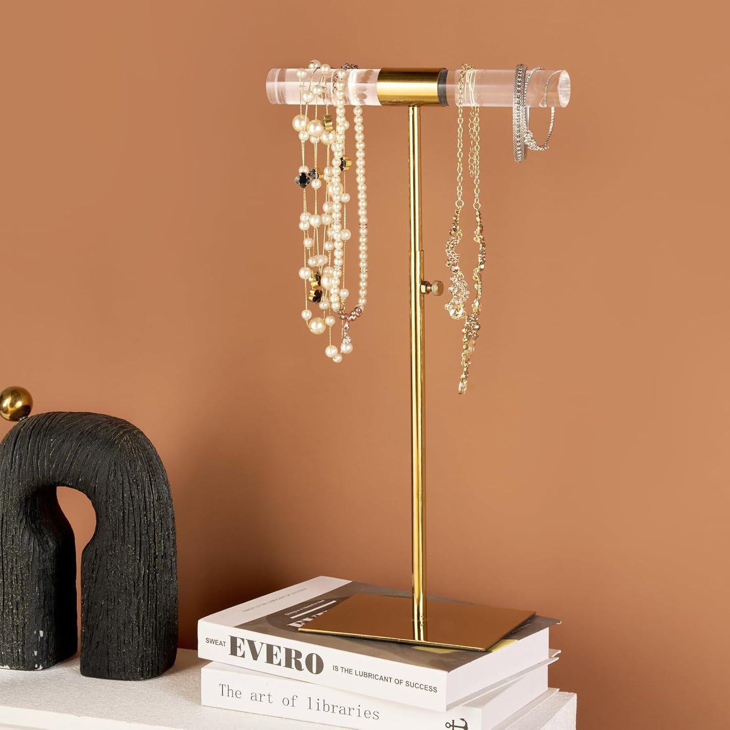 Set of 2 Acrylic Display Stand Jewelry Towers Stands Stainless Steel Adjustable Height Long Necklaces Stand Tabletop Jewelry Organizer for Home Store Boutique