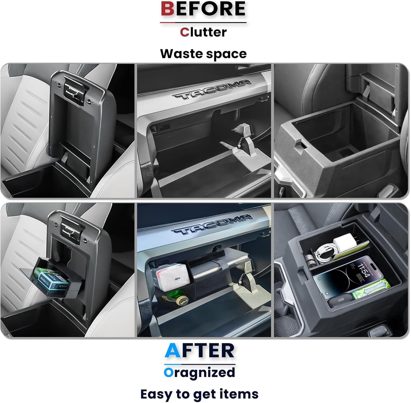3PCS Center Console Organizer Compatible with 2024 2025 Toyota Tacoma Hidden Storage Tray Armrest Storage Tray Glove Box Compartment Insert Divider Interior Accessories