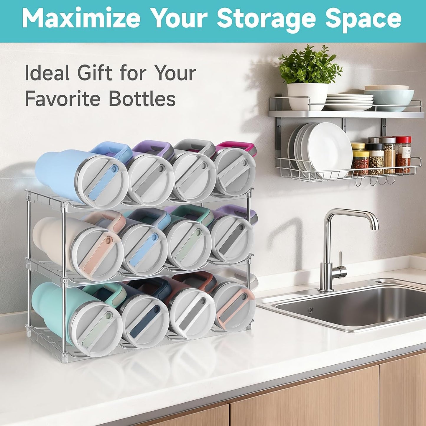 Stackable Water Bottle Organizer, Large Compartment Water Bottle Holder for Stanley 40 oz Tumbler, Kitchen Storage Organizer for Stanley Cup Accessories, Tumbler Organizer Wine Rack - Hold 12 Bottles