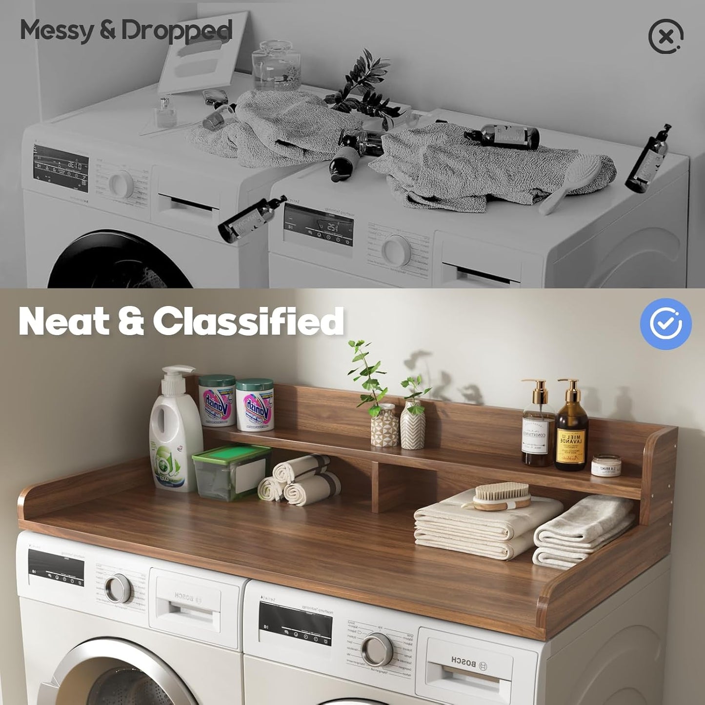 2-Tier Washer and Dryer Countertop with 2.75" H Guard,54" W x 27.5" D Laundry Countertop Cover with Non-Slip Pad,Large Space Laundry Topper for Folding Clothes Over Washer and Dryer-Dark Walnut