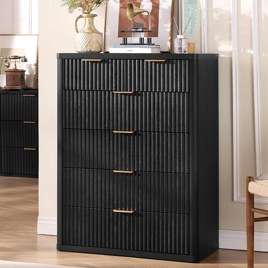 LEYAOYAO Fluted 6 Drawers Dresser for Bedroom, 42" Tall Modern Chest of Drawers with Metal Handle, Curved Profile Design,Black Wood Drawer Organizer for Bedroom, Living Room, Hallway, Entryway