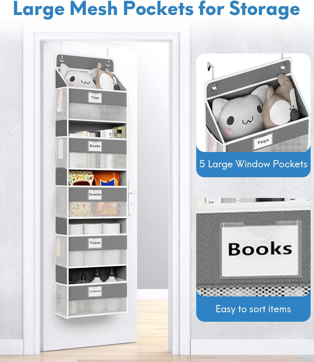 Over The Door Organizer Hanging, 5 Shelf Behind The Doors Storage, Pantry Door Organizer, Closet Organizers for Bedroom and Nursery (Dark Grey)