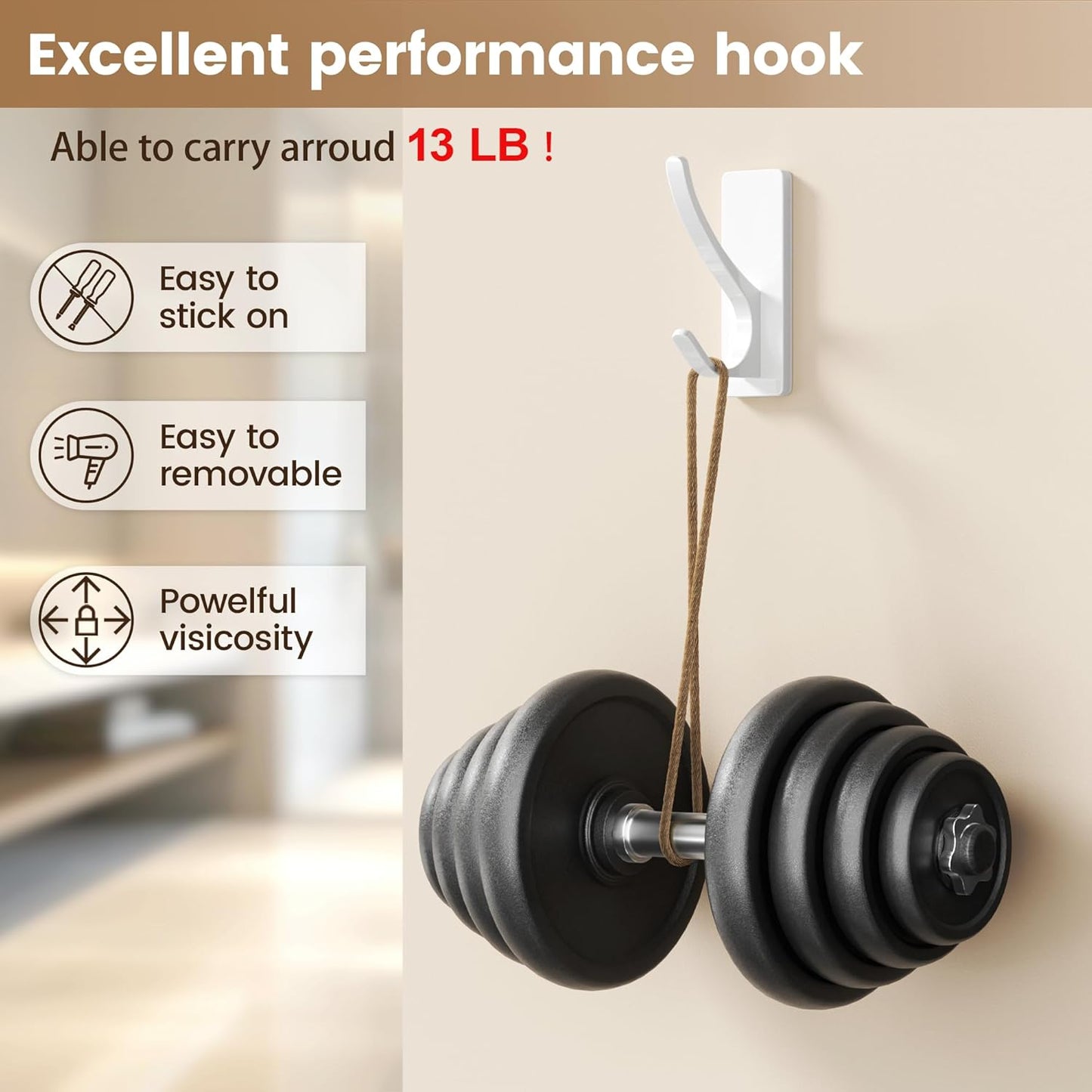 pickpiff White Self Adhesive Coat Hooks for Hanging, Heavy Duty Stainless Double Wall Hook for Towel, Backpack, Hat, Sturdy Metal Hanger for Bathroom, Bedroom, Door, Wall Mounted, 4-Pack