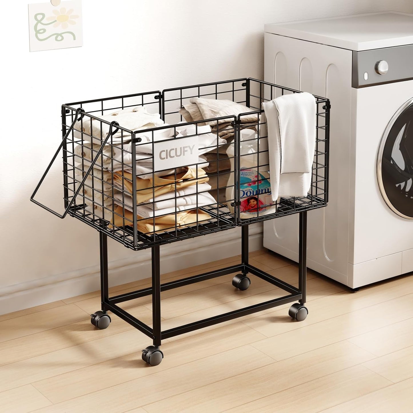 Wire Laundry Hamper, 80L Rolling Laundry Basket Cart on Wheels, Dirty Clothes Basket with Handle, Metal Clothes Hamper Organizer for Laundry Room, Bathroom, Bedroom, Dorm, Black