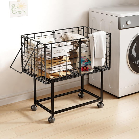 Wire Laundry Hamper, 80L Rolling Laundry Basket Cart on Wheels, Dirty Clothes Basket with Handle, Metal Clothes Hamper Organizer for Laundry Room, Bathroom, Bedroom, Dorm, Black