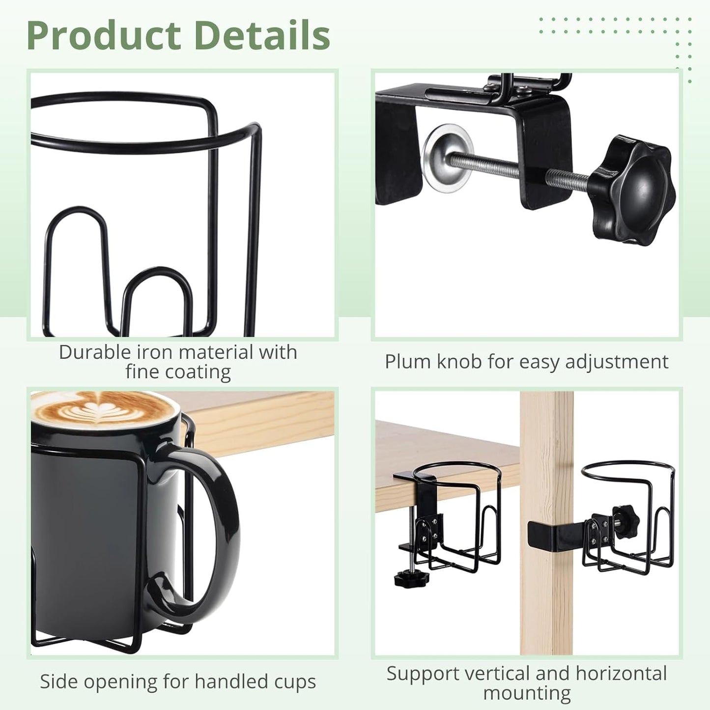 3 Pcs Desk Cup Holders, Easy to Install Anti-Spill Clamp-on Cup Holder Stainless Steel Cupholder for Chair, Table, Wheelchairs (Black, 3.15 in)