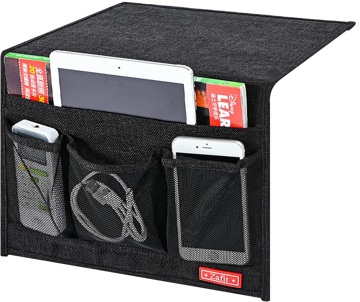 Linen 4 Pockets Bedside Caddy, Bedside Storage Organizer for Magazine, Remotes, Phone (Classic Black)