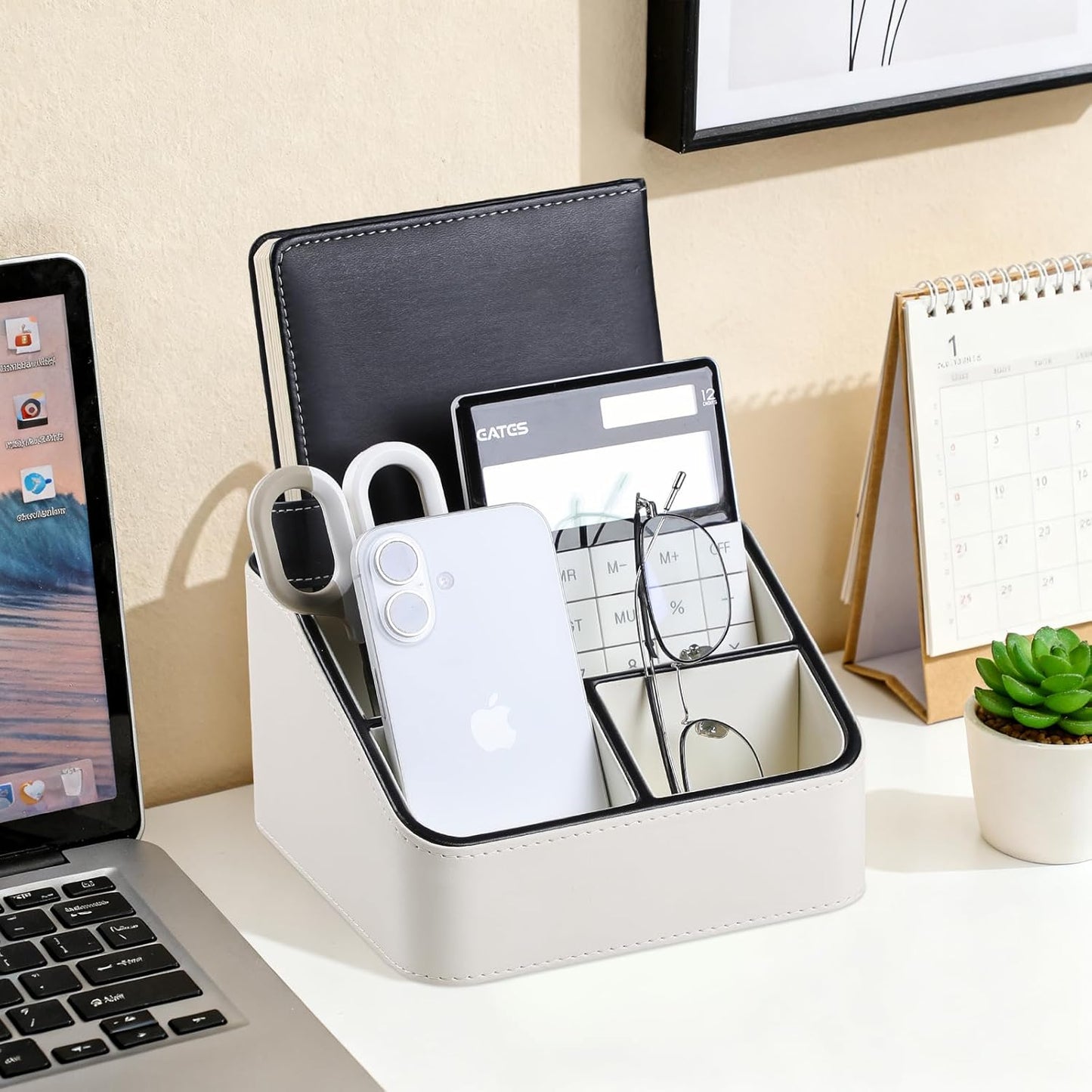 Remote Control Holder, PU Leather Small Desk Organizer with 4 Compartments, Nightstand Organizer Desk Caddy for Remote, Notepad, Phone, Glasses, and Accessories (Cream)