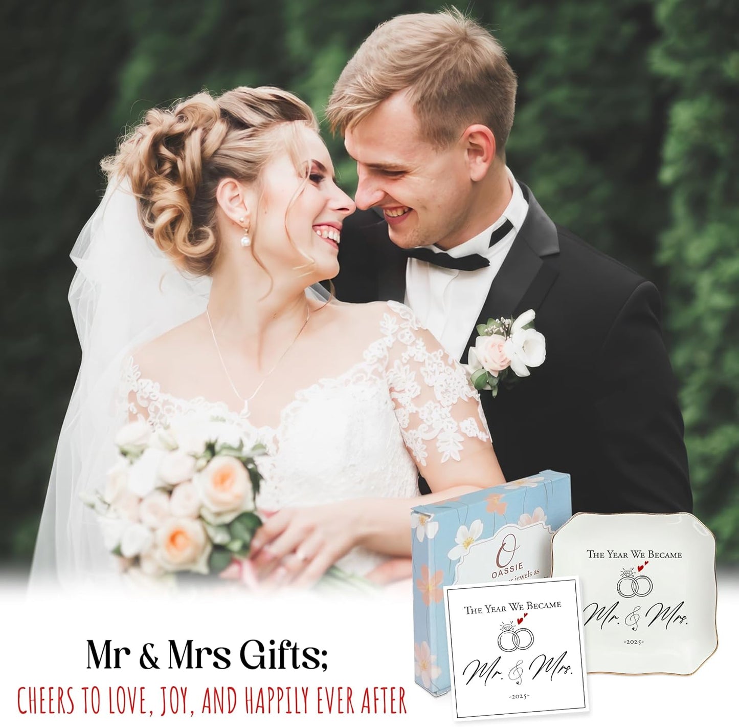 OASSIE Christmas Wedding Gifts for Couples 2025 - Mr and Mrs Gifts 4"x4" Ceramic Jewelry Dish Tray - Bridal Shower Engagement Gifts for Bride Women Newlyweds Marriage Just Married