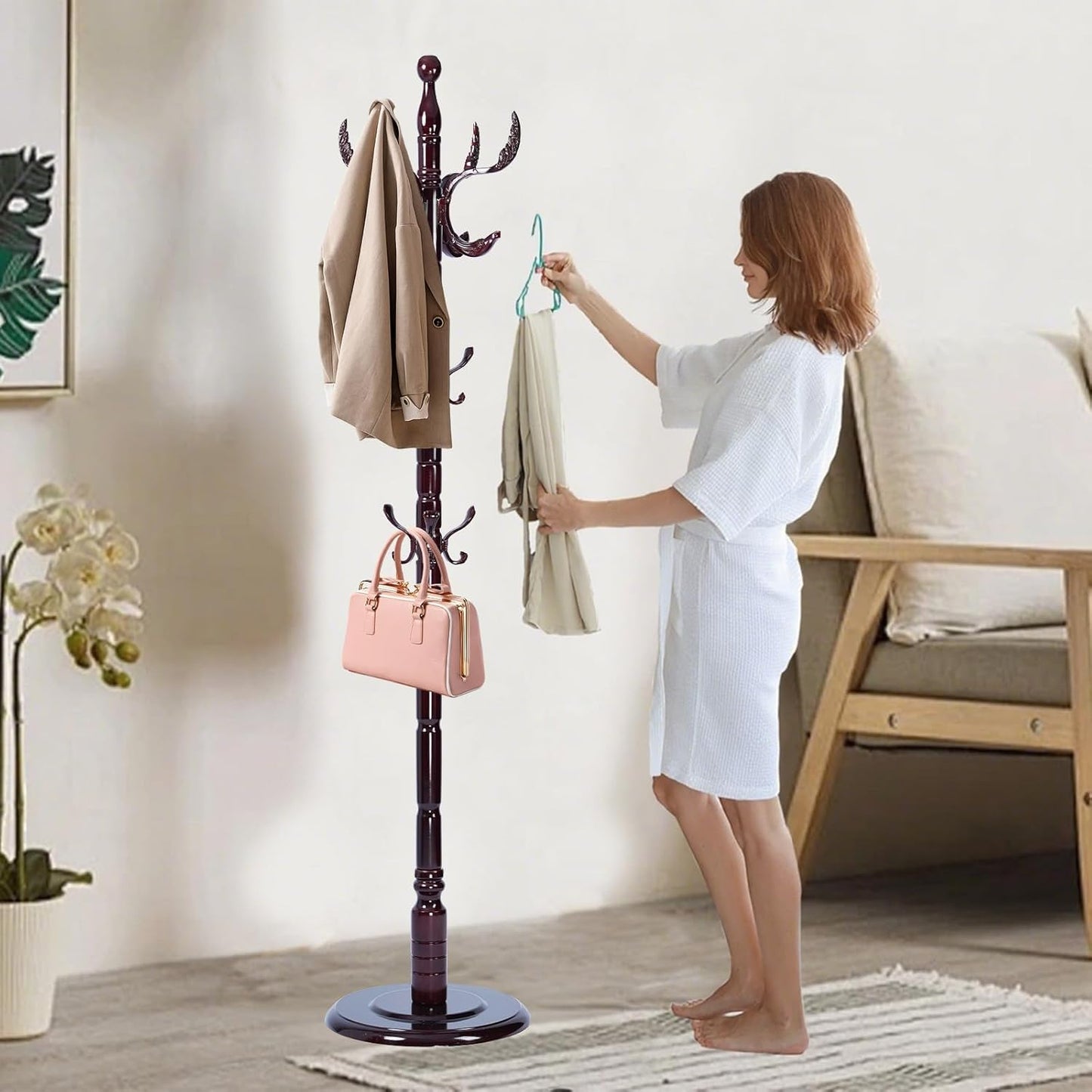 Solid Wooden Coat Rack Stand, Coat Racks Freestanding with 14 Hooks, Natural Birch Wood Coat stands with Sturdy Round Base, Tree Coat Hanger Standing for Entryway Bedroom Office (Chi Bang)