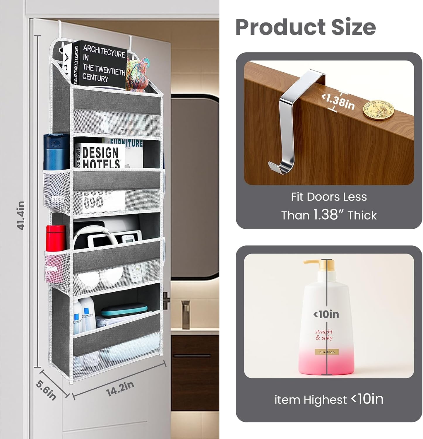 Over The Door Organizer with 4 Side Mesh Pockets, 44lb Weight Capacity Hanging Behind The Door Storage Suitable for Storing Toys, Shoes, Towels, Grey