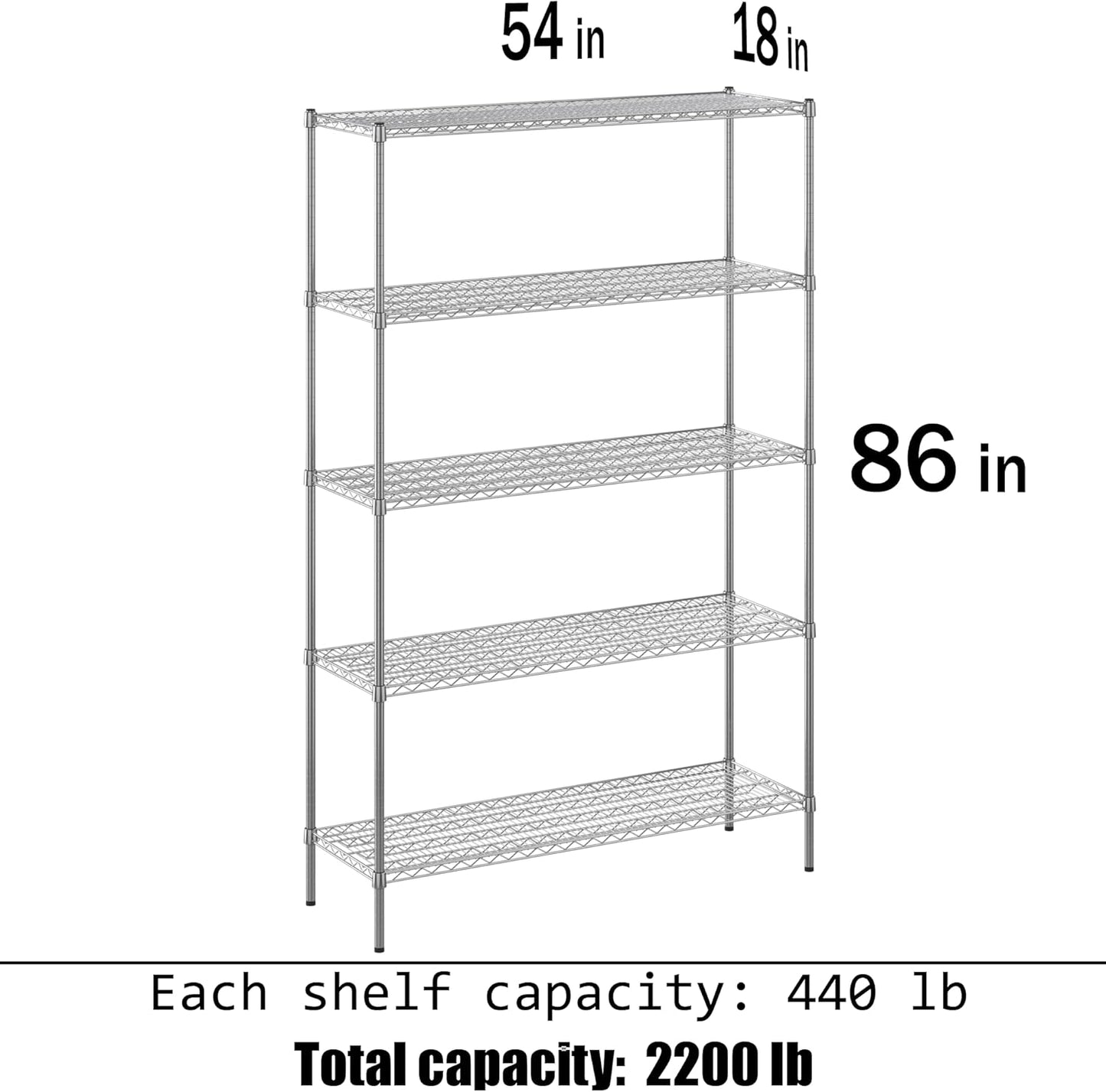 18" Deep x 54" Wide x 86" Height Wire Shelving Kit | 5-Tier | NSF Commercial Storage Rack Unit