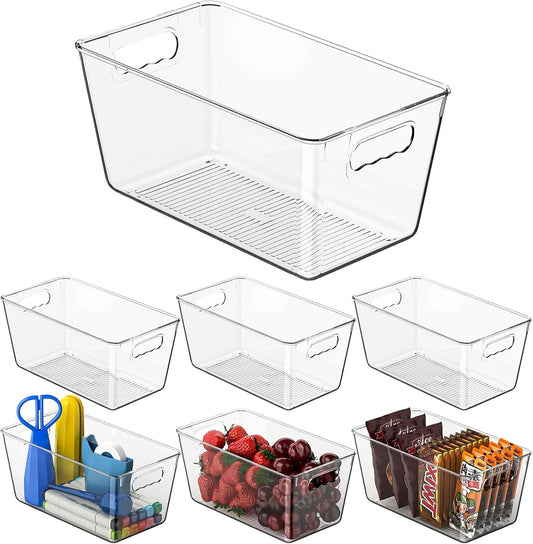 6 Pack Clear Pantry Organizer Bins, Fridge Organiser Set, Plastic Containers with Handle,Home Organization Must Haves for Kitchen,Freezer,Cabinet,Closet,Bathroom Under Sink Storage