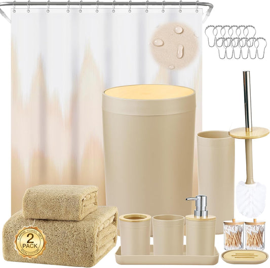 iMucci Bathroom Accessories Bathroom Sets with Shower Curtain, Bath Towel Set, Trash Can, Toilet Brush, Soap Dispenser, Bathroom Accessories Set Complete