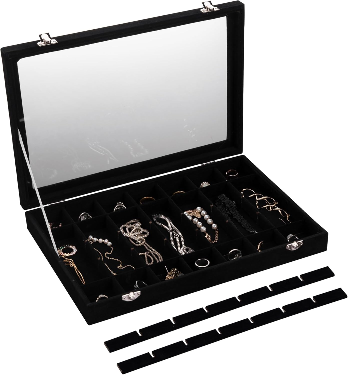 Frebeauty Velvet Jewelry Tray,35 Grid Jewelry Organizer with Clear Lid,Earring Holder Organizer Case with Clasp,Drawer Insert for Rings Studs,13.8 x 9.5 x 2 Inches,Gift for Women Girls(Black)