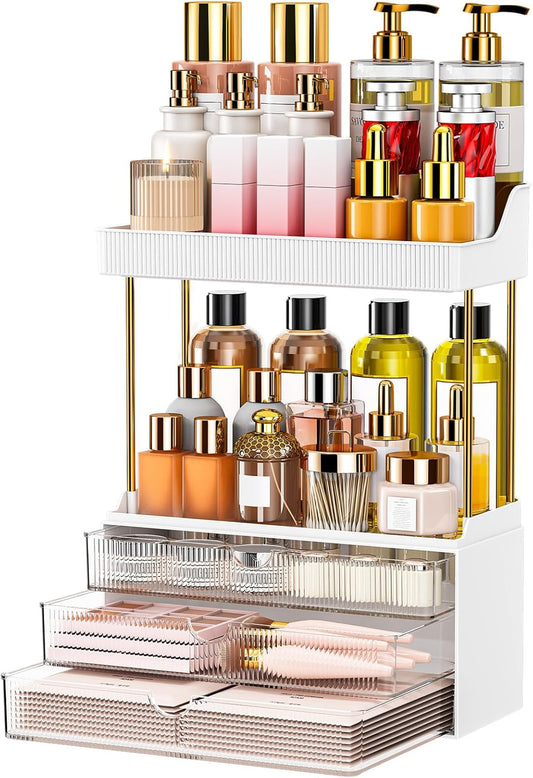5 Tiers Bathroom Counter Organizer - 3 Drawers Makeup Organizer, Cosmetic Storage Drawer for Dresser Countertop and Bathroom Vanity for Large Skincare, Perfume, Clear