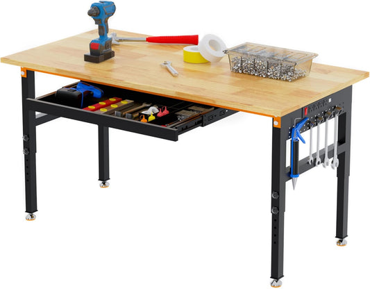 Betterhood 60" Adjustable Height Workbench, 2000 LBS Heavy Duty Work Table with Power Outlets & Pegboard, Rubber Wood Workstation for Garage, Workshop, Office, Home, Commercial
