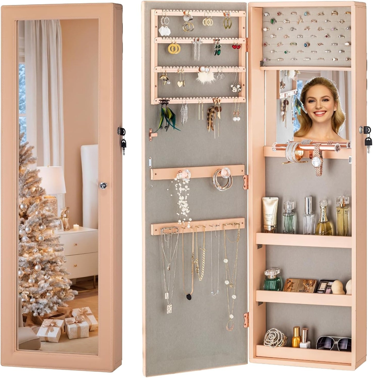 LUXFURNI Jewelry Armoire Organizer, Wall/Door Mounted Cabinet with Full Length Mirror (Peach)