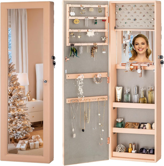 LUXFURNI Jewelry Armoire Organizer, Wall/Door Mounted Cabinet with Full Length Mirror (Peach)